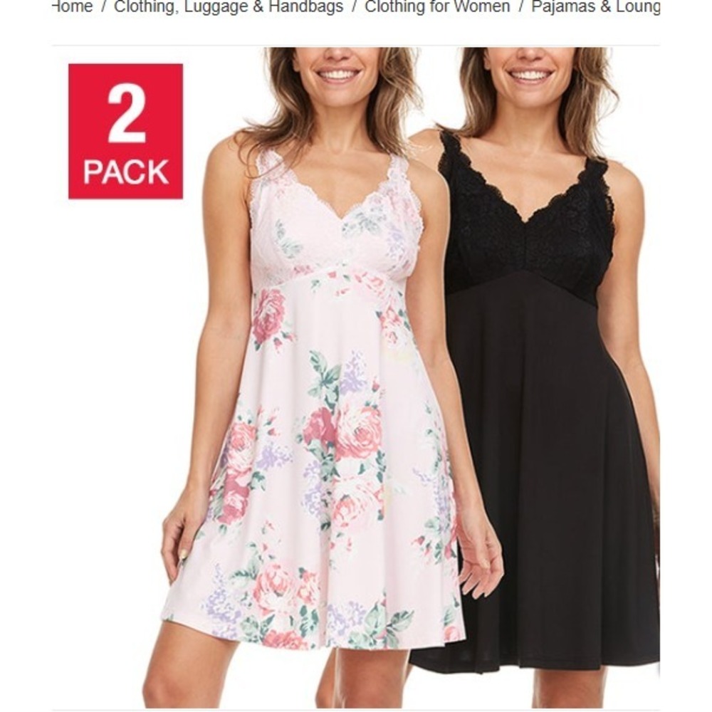 Flora Nikrooz Lace Chemise Women Size Large Stretch Microfiber Black Rose 2-PK